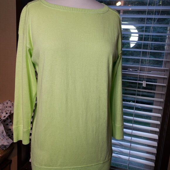 T by Talbots Soft Chartreuse Ribbed Sweater Top womens M Boat Neck Lime Green - Picture 2 of 9